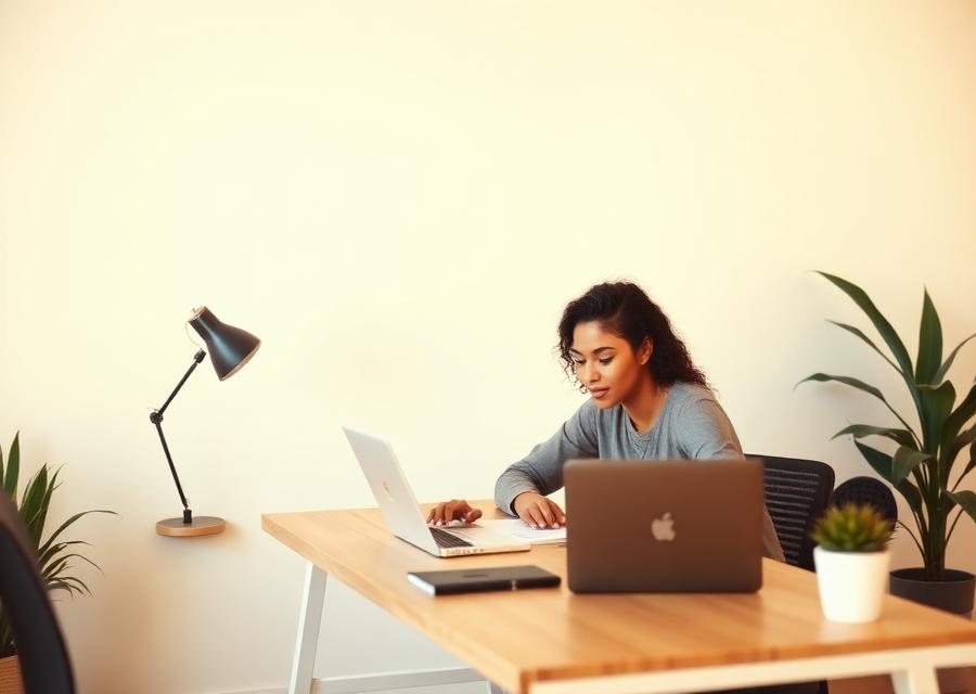 Founder working at a desk in an early-stage workspace