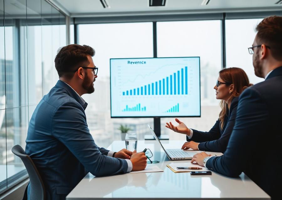 Team reviewing revenue growth charts in a meeting room