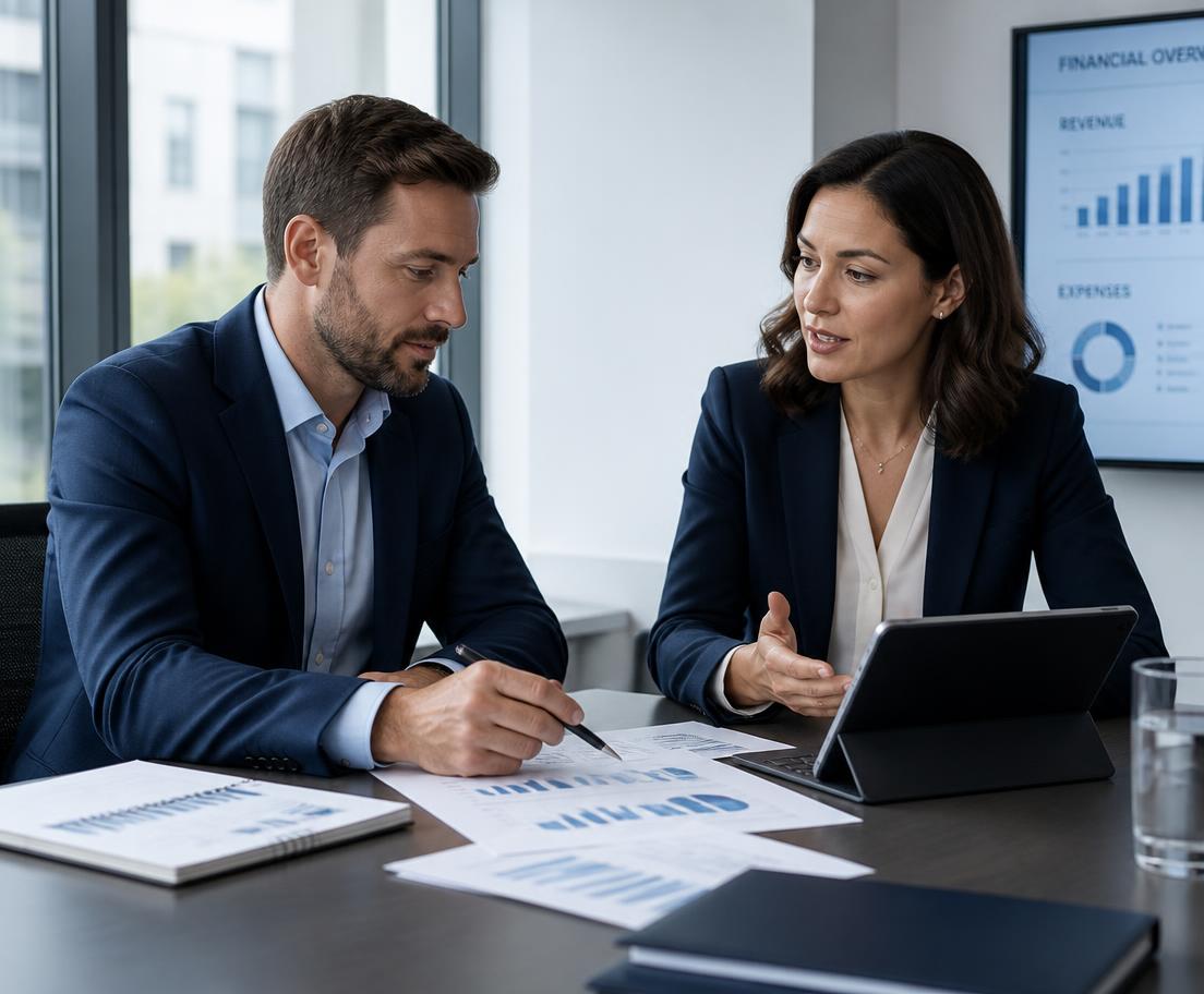 Financial advisors discussing reports with a business owner